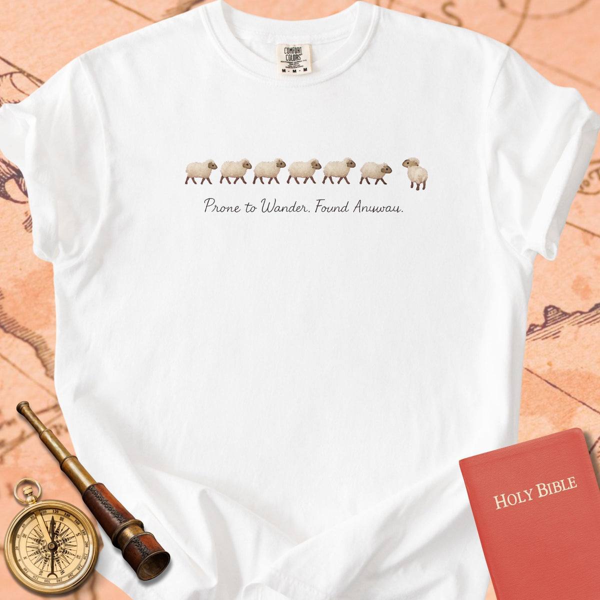 Prone to Wander, Found Anyway — Tiny Sheep Premium T-shirt — White Comfort Colors