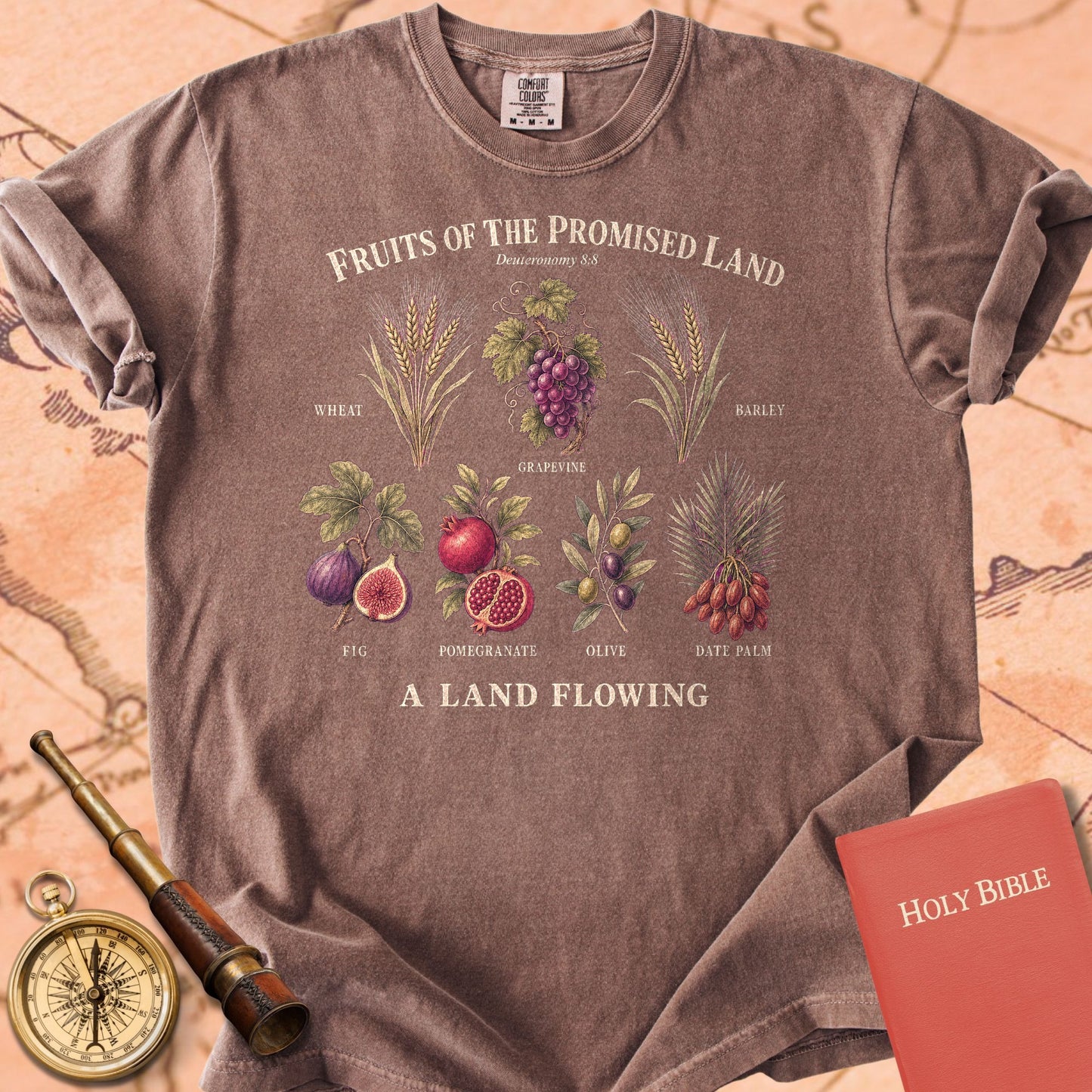 Fruits of the Promised Land "A Land Flowing" | Deuteronomy 8:8 Christian Tee