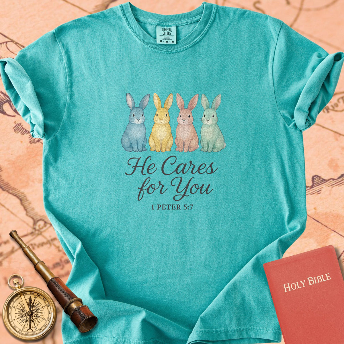 He Cares for You — Bunnies Premium T-shirt — Seafoam Comfort Colors
