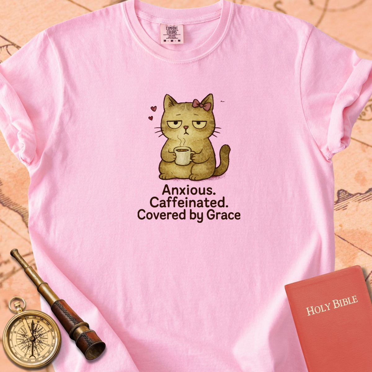 Anxious, Caffeinated, Covered by Grace — Cute Cat Premium T-shirt — Blossom Comfort Colors