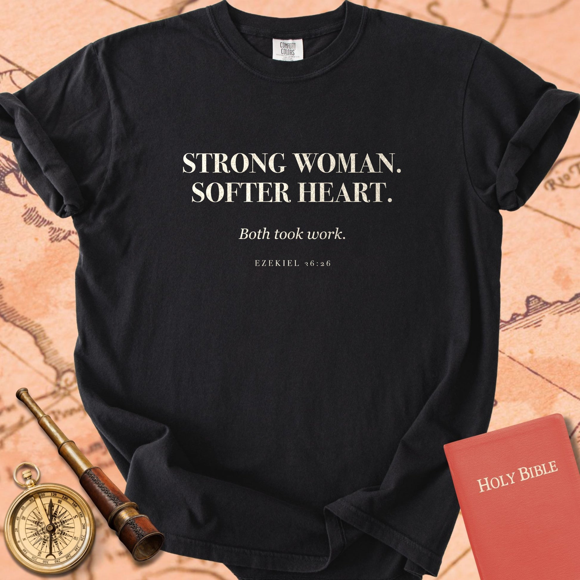 Strong Woman. Softer Heart. — Black Comfort Colors t-shirt