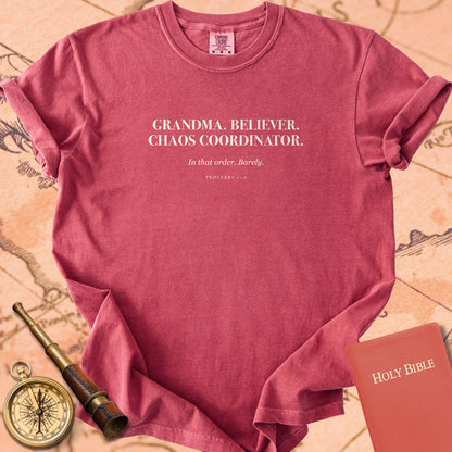 Grandma. Believer. Chaos Coordinator. — Crimson Comfort Colors t-shirt