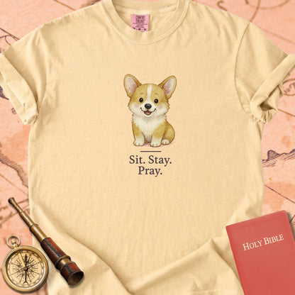 Sit. Stay. Pray. — Cute Corgi Premium T-shirt — Butter Comfort Colors