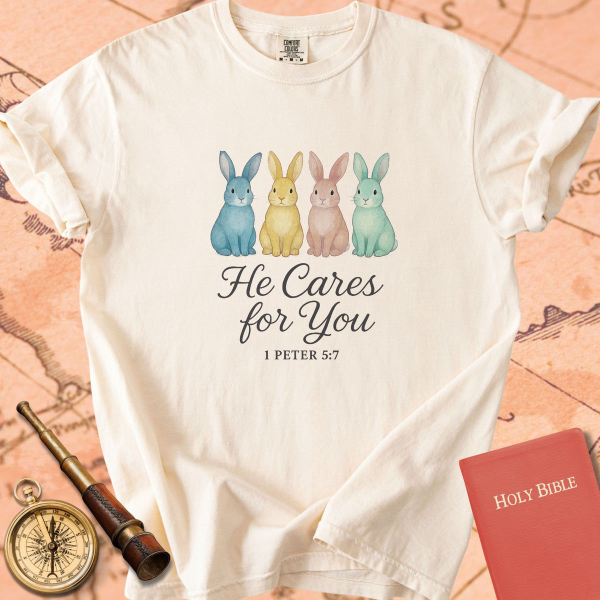 He Cares for You — Bunnies Premium T-shirt — Ivory Comfort Colors