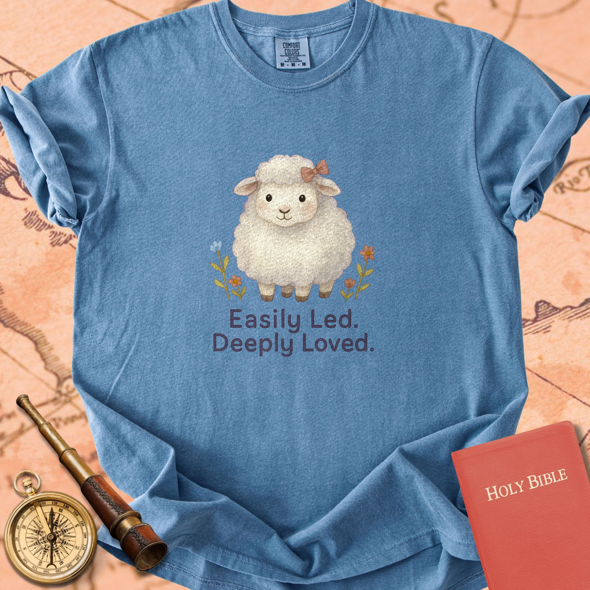 Easily Led, Deeply Loved — Cute Sheep Premium T-shirt — Blue Jean Comfort Colors