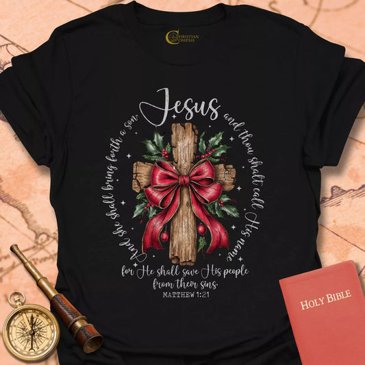 Jesus – Matthew 1:21 Christmas Cross & Holly T-Shirt