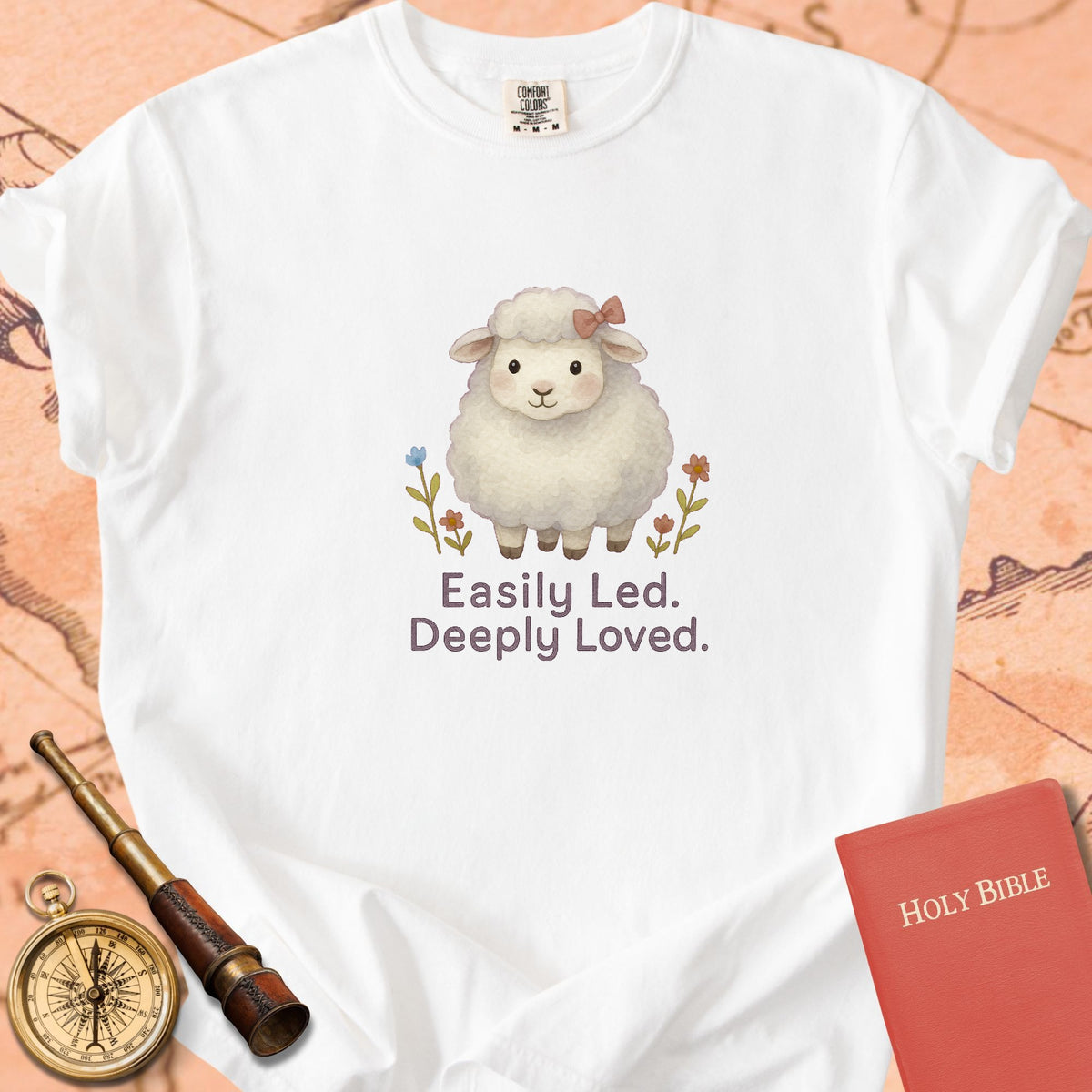 Easily Led, Deeply Loved — Cute Sheep Premium T-shirt — White Comfort Colors