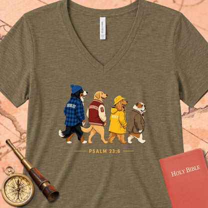 Goodness & Mercy Follow Me Dogs V-Neck Tee