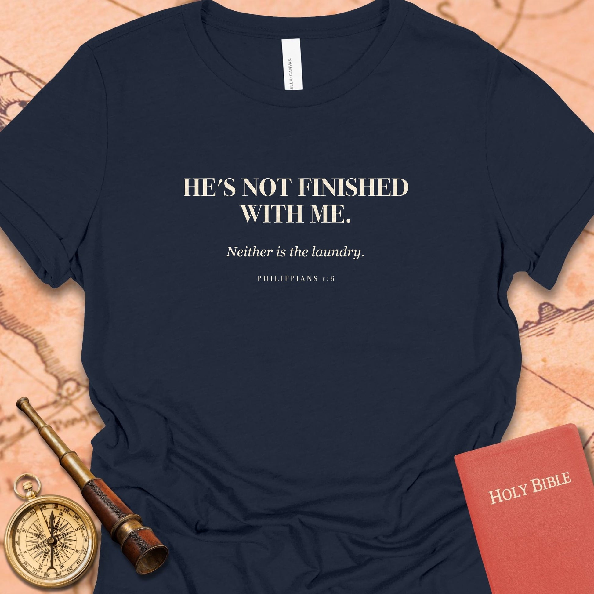 He's Not Finished With Me. — Navy women's tee