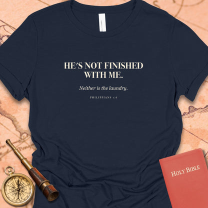 He's Not Finished With Me. — Navy women's tee
