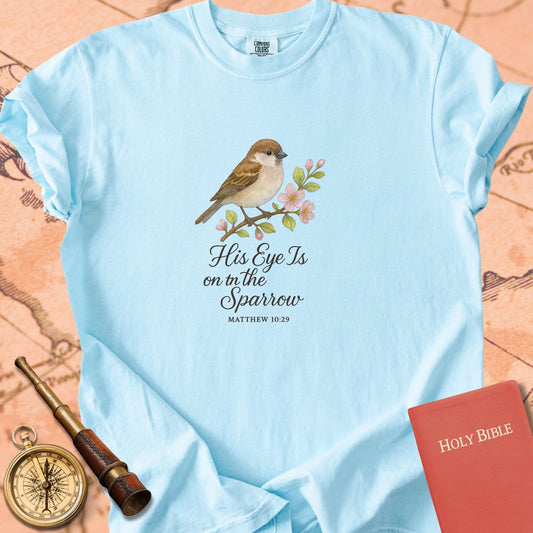 His Eye Is on the Sparrow — Sparrow Premium T-shirt — Chambray Comfort Colors