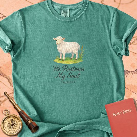 He Restores My Soul — Sheep Premium T-shirt — Light Green Comfort Colors