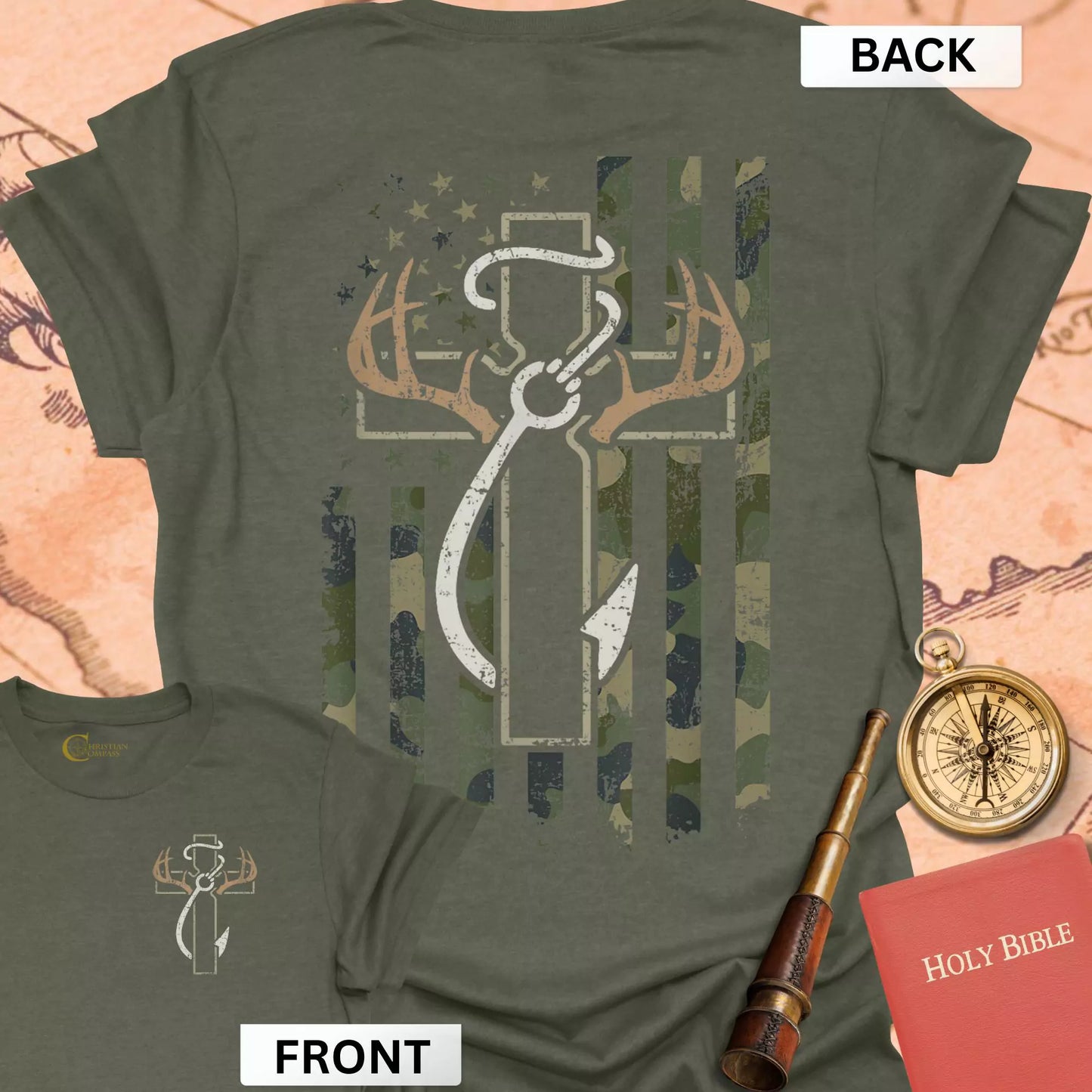 Hunting Fishing Faith (front & back) T-Shirt
