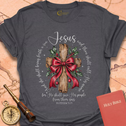 Jesus – Matthew 1:21 Christmas Cross & Holly T-Shirt