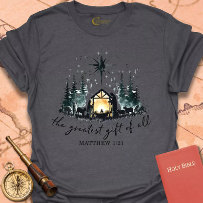 The Greatest Gift of All – Matthew 1:21 Nativity T-shirt