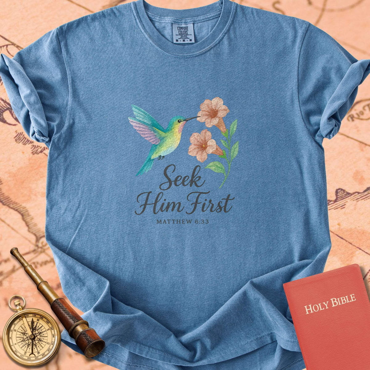 Seek Him First — Hummingbird Premium T-shirt — Blue Jean Comfort Colors