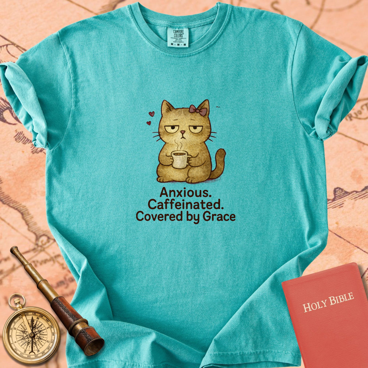Anxious, Caffeinated, Covered by Grace — Cute Cat Premium T-shirt — Seafoam Comfort Colors