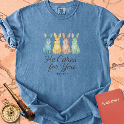 He Cares for You — Bunnies Premium T-shirt — Blue Jean Comfort Colors