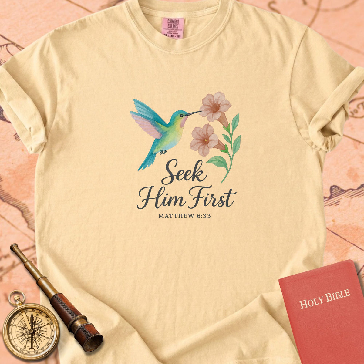 Seek Him First — Hummingbird Premium T-shirt — Butter Comfort Colors