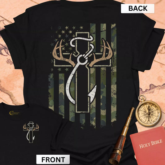 Hunting Fishing Faith (front & back) T-Shirt