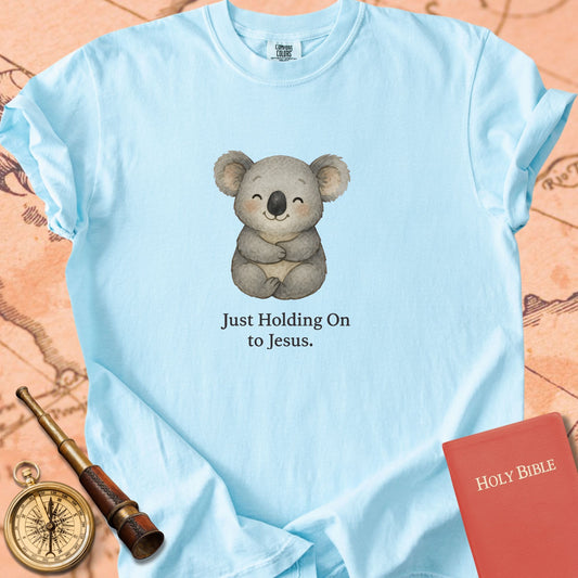 Just Holding On to Jesus — Cute Koala Premium T-shirt — Chambray Comfort Colors