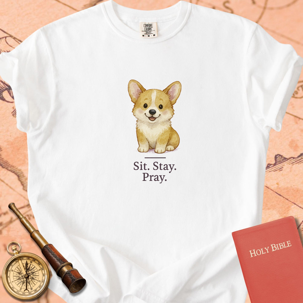 Sit. Stay. Pray. — Cute Corgi Premium T-shirt — White Comfort Colors