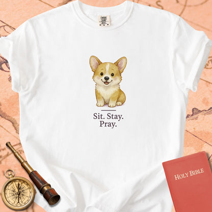 Sit. Stay. Pray. — Cute Corgi Premium T-shirt — White Comfort Colors