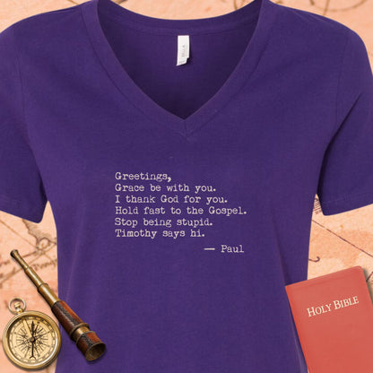 Greetings Grace Be With You V-Neck T-Shirt