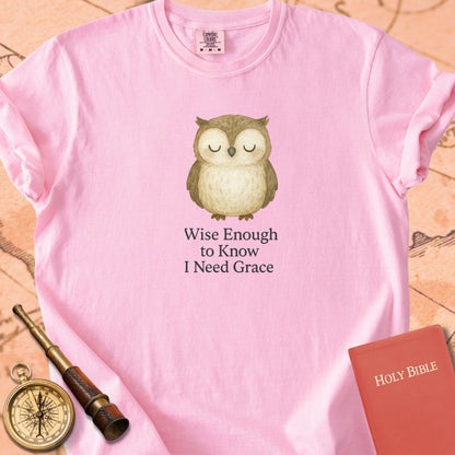 Wise Enough to Know I Need Grace — Cute Owl Premium T-shirt — Blossom Comfort Colors