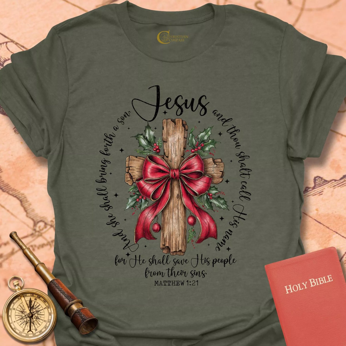 Jesus – Matthew 1:21 Christmas Cross & Holly T-Shirt