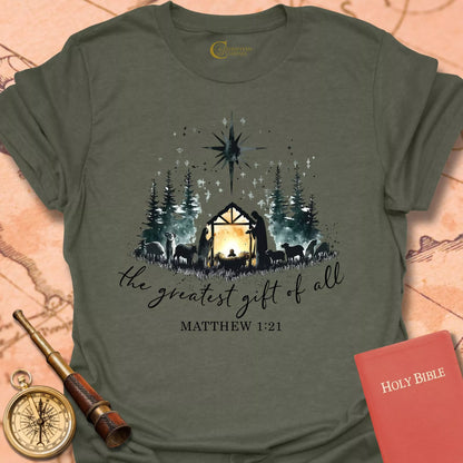 The Greatest Gift of All – Matthew 1:21 Nativity T-shirt
