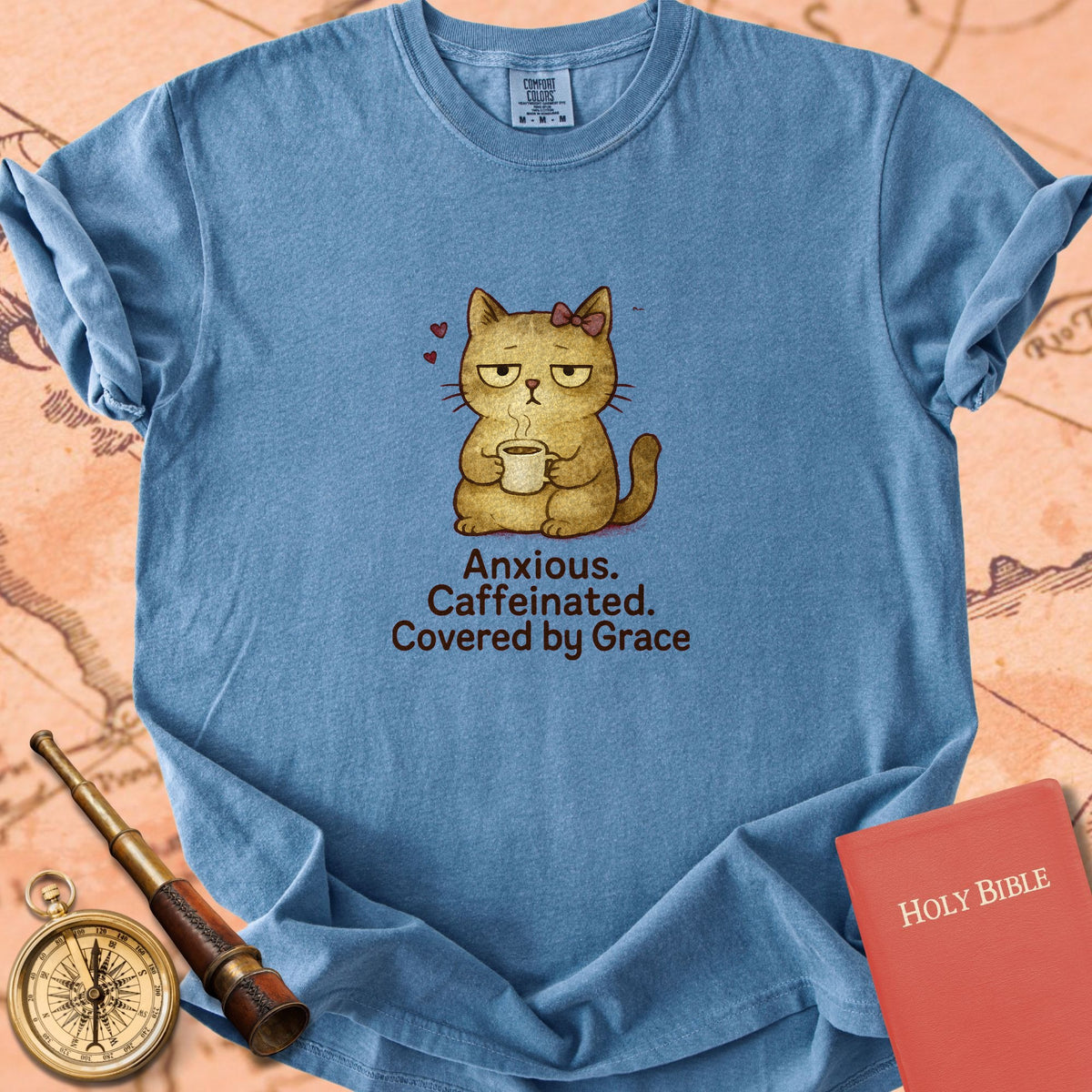 Anxious, Caffeinated, Covered by Grace — Cute Cat Premium T-shirt — Blue Jean Comfort Colors