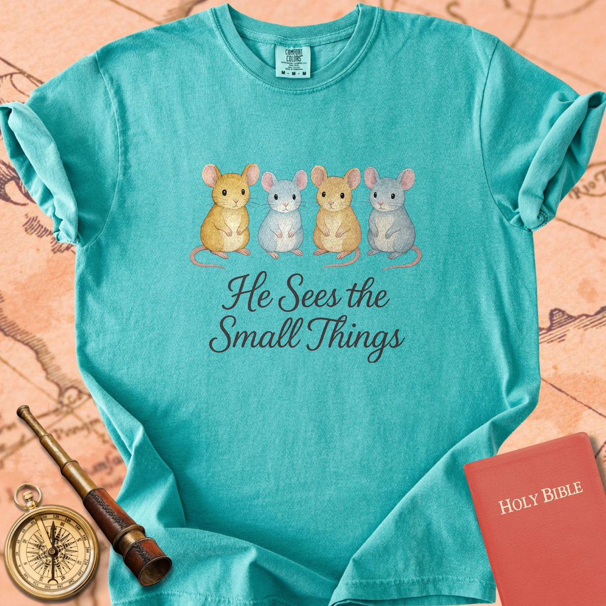 He Sees the Small Things — Mice Premium T-shirt — Seafoam Comfort Colors