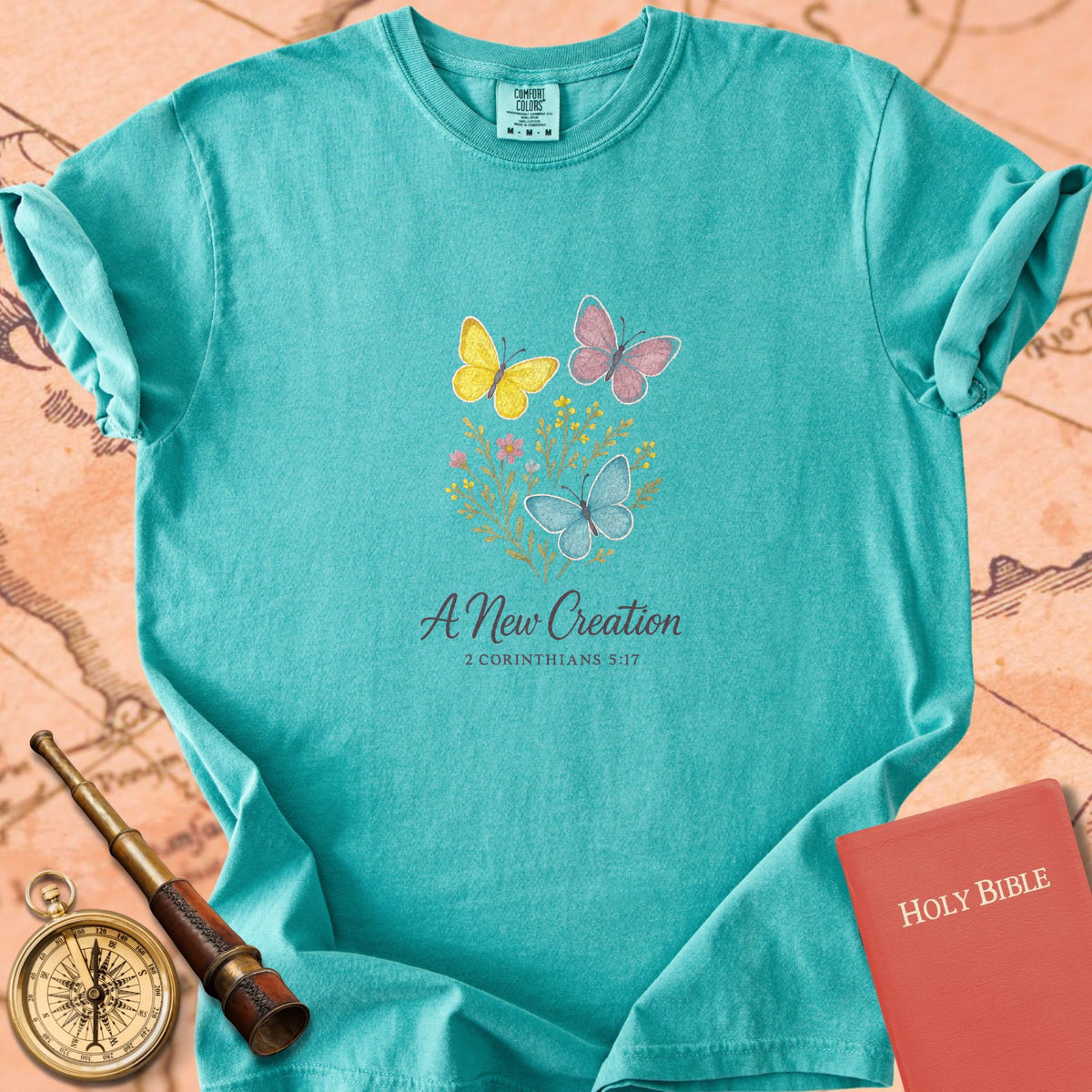 A New Creation — Butterflies Premium T-shirt — Seafoam Comfort Colors