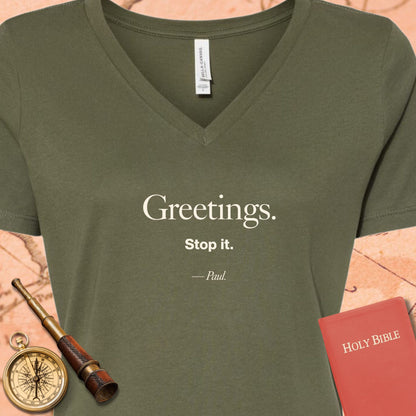 Greetings. Stop It. -Paul V-Neck Tee
