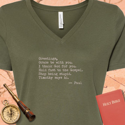 Greetings Grace Be With You V-Neck T-Shirt