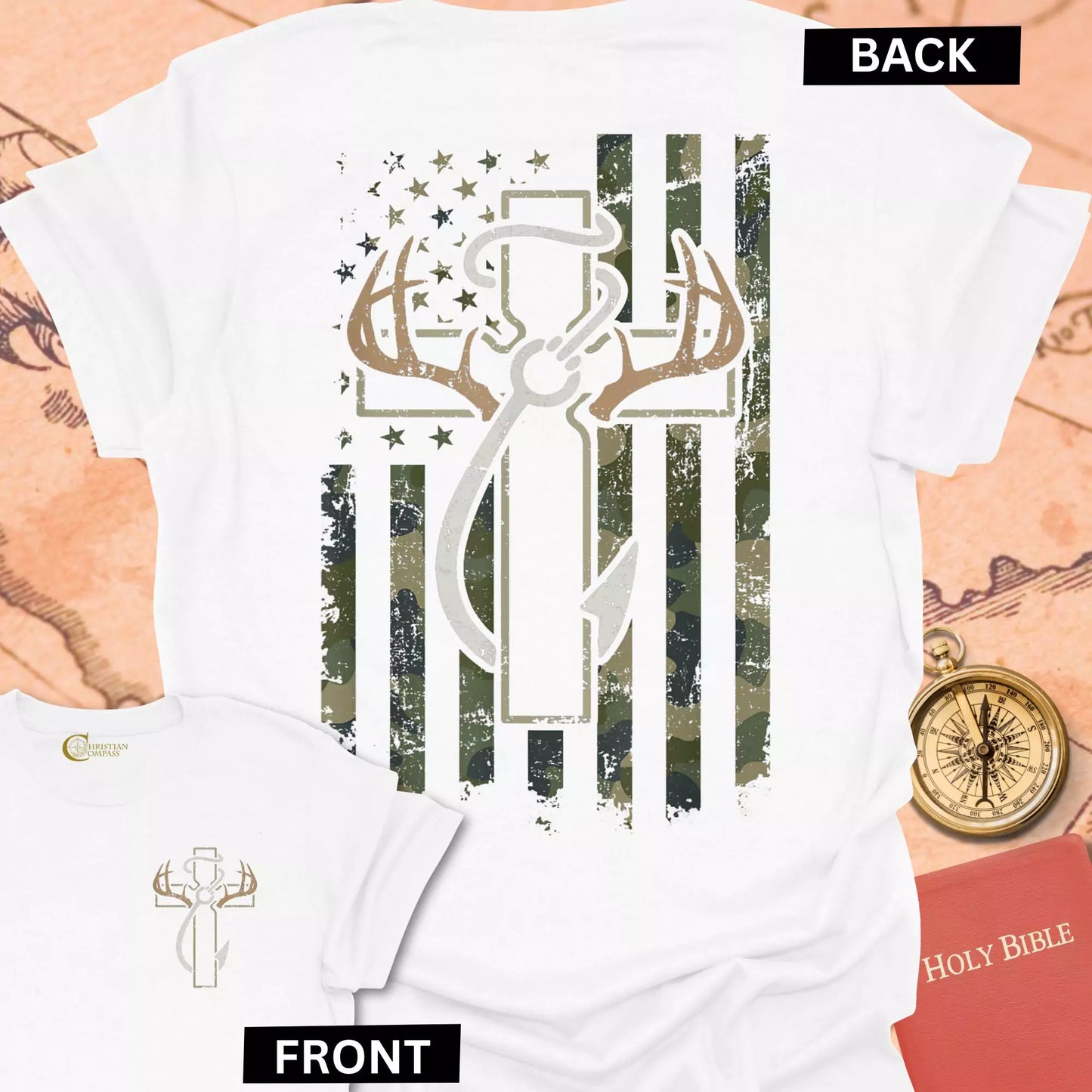 Hunting Fishing Faith (front & back) T-Shirt