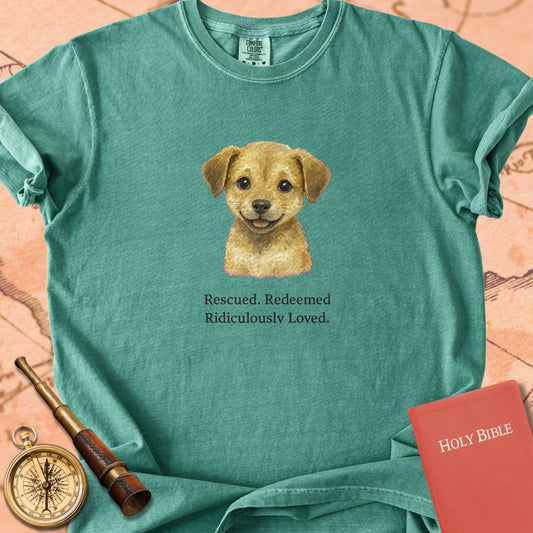 Rescued, Redeemed, Ridiculously Loved — Cute Puppy Premium T-shirt — Light Green Comfort Colors