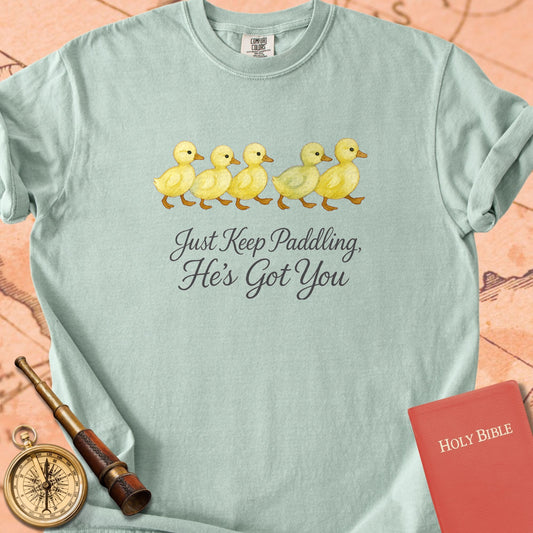 Just Keep Paddling, He's Got You — Cute Ducks Premium T-shirt — Bay Comfort Colors