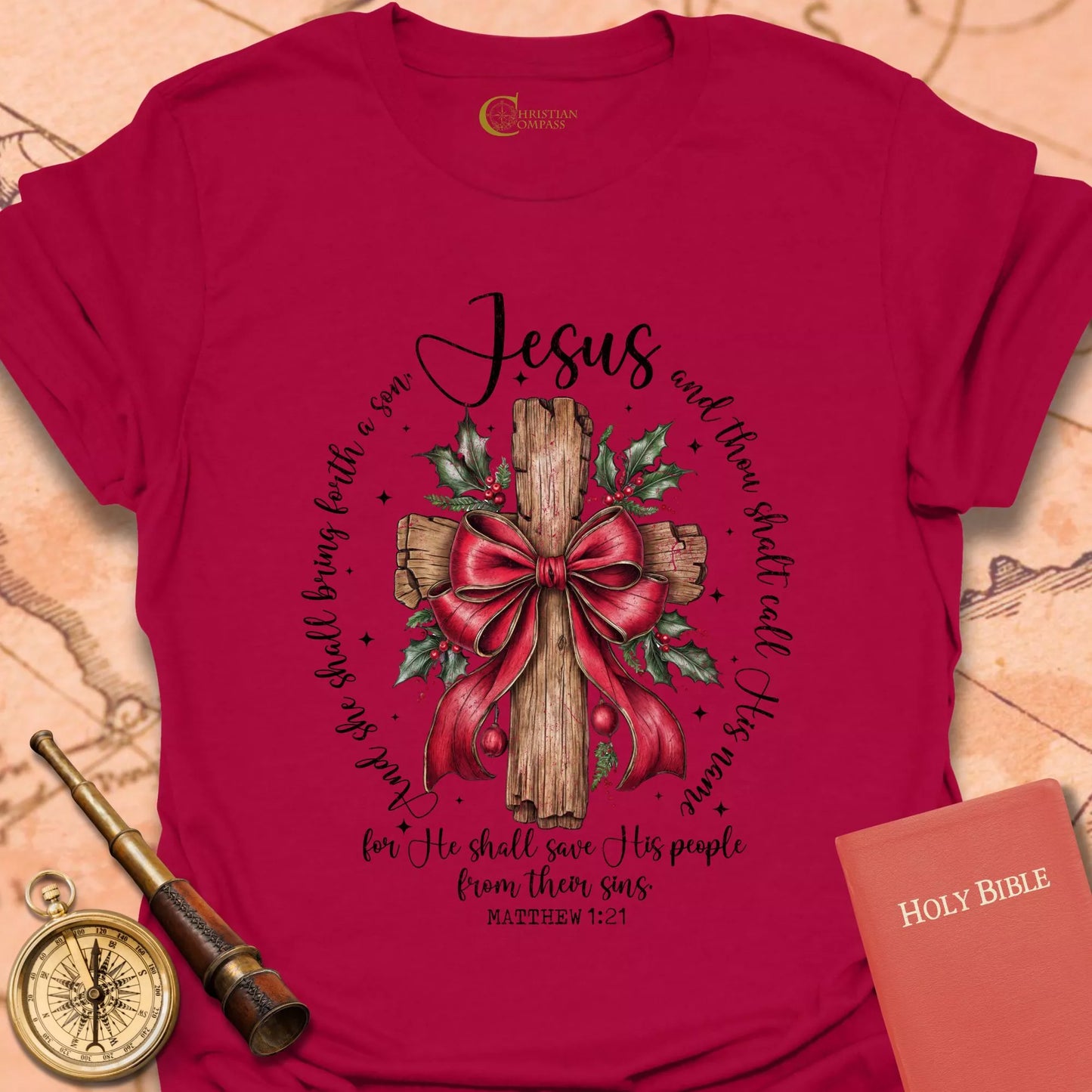 Jesus – Matthew 1:21 Christmas Cross & Holly T-Shirt