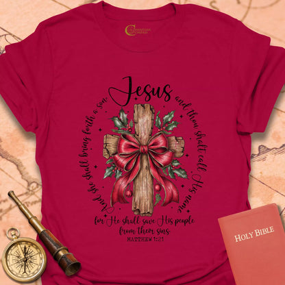 Jesus – Matthew 1:21 Christmas Cross & Holly T-Shirt