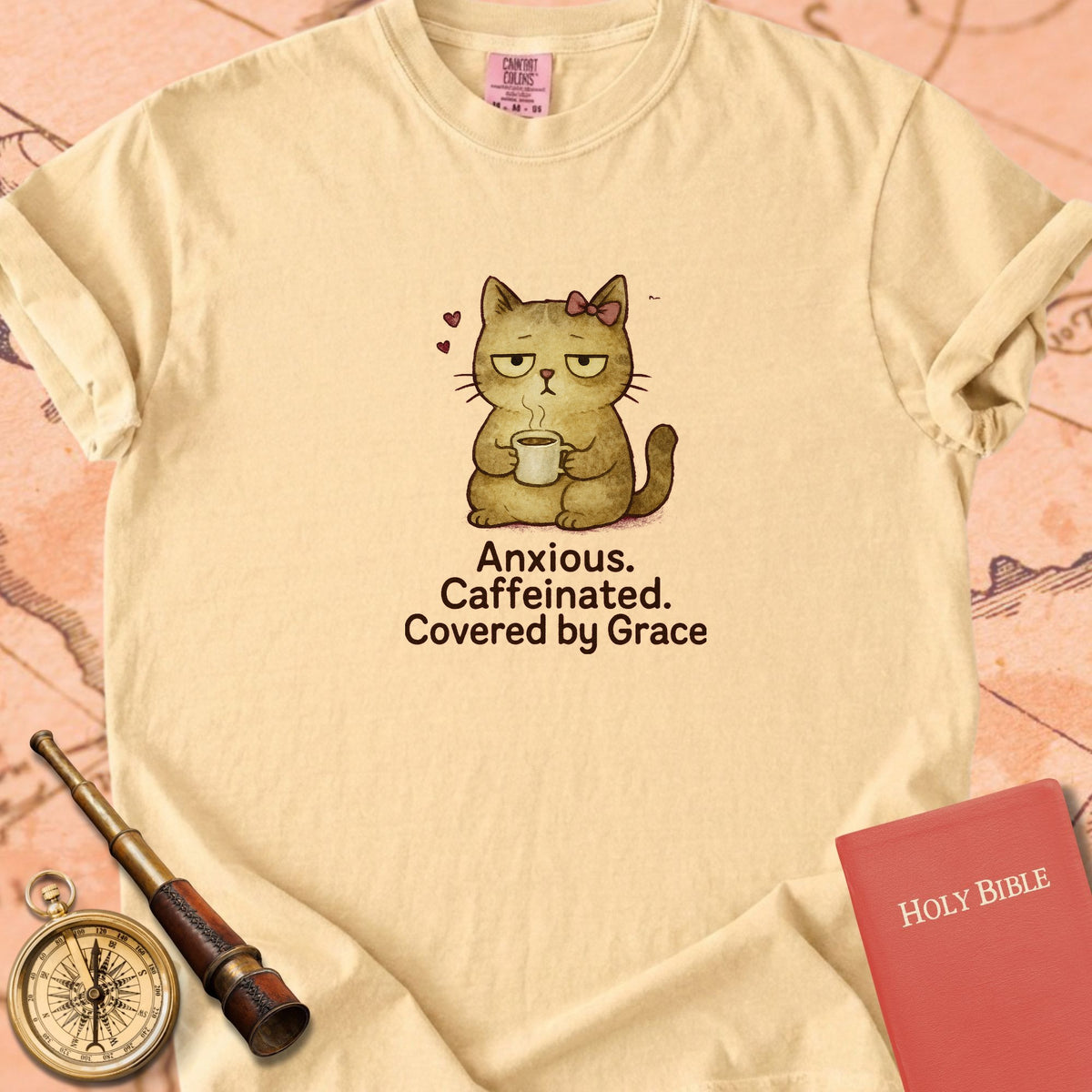 Anxious, Caffeinated, Covered by Grace — Cute Cat Premium T-shirt — Butter Comfort Colors