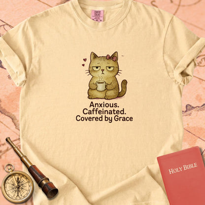 Anxious, Caffeinated, Covered by Grace — Cute Cat Premium T-shirt — Butter Comfort Colors