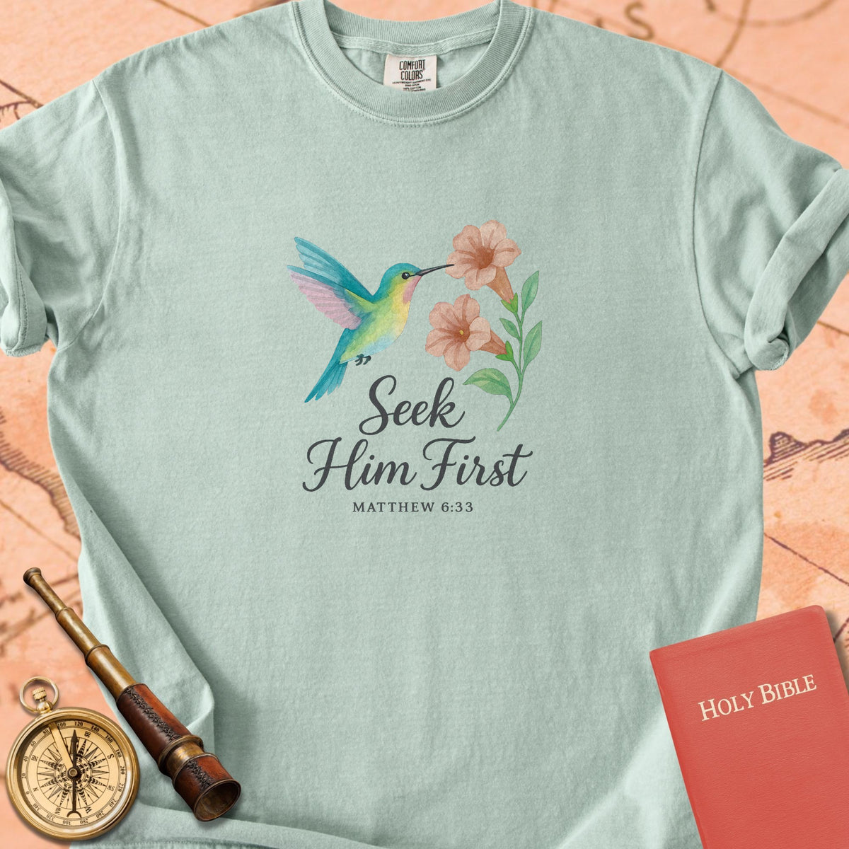 Seek Him First — Hummingbird Premium T-shirt — Bay Comfort Colors
