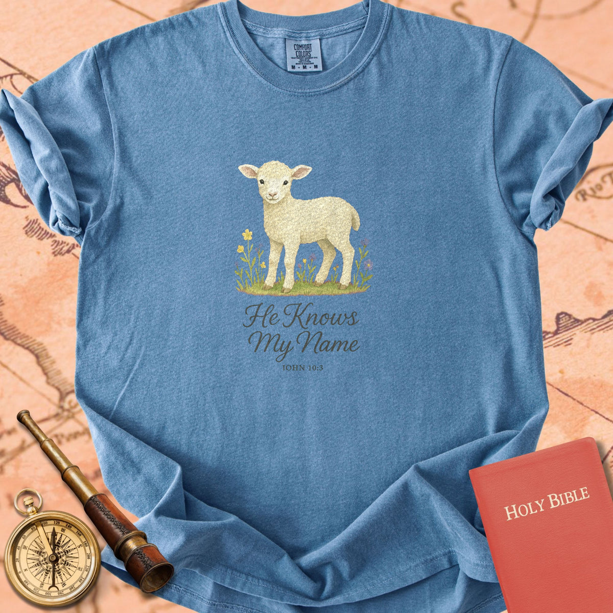 He Knows My Name — Lamb Premium T-shirt — Blue Jean Comfort Colors