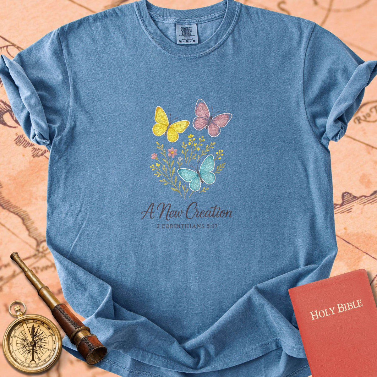 A New Creation — Butterflies Premium T-shirt — Blue Jean Comfort Colors