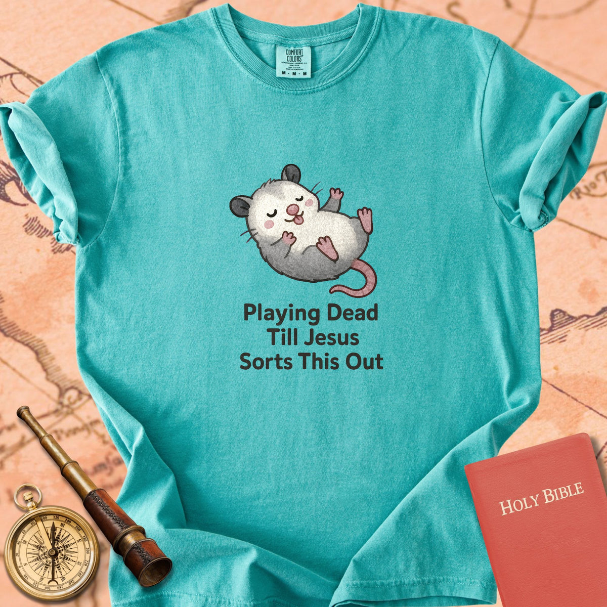 Playing Dead Till Jesus Sorts This Out — Cute Possum Premium T-shirt — Seafoam Comfort Colors