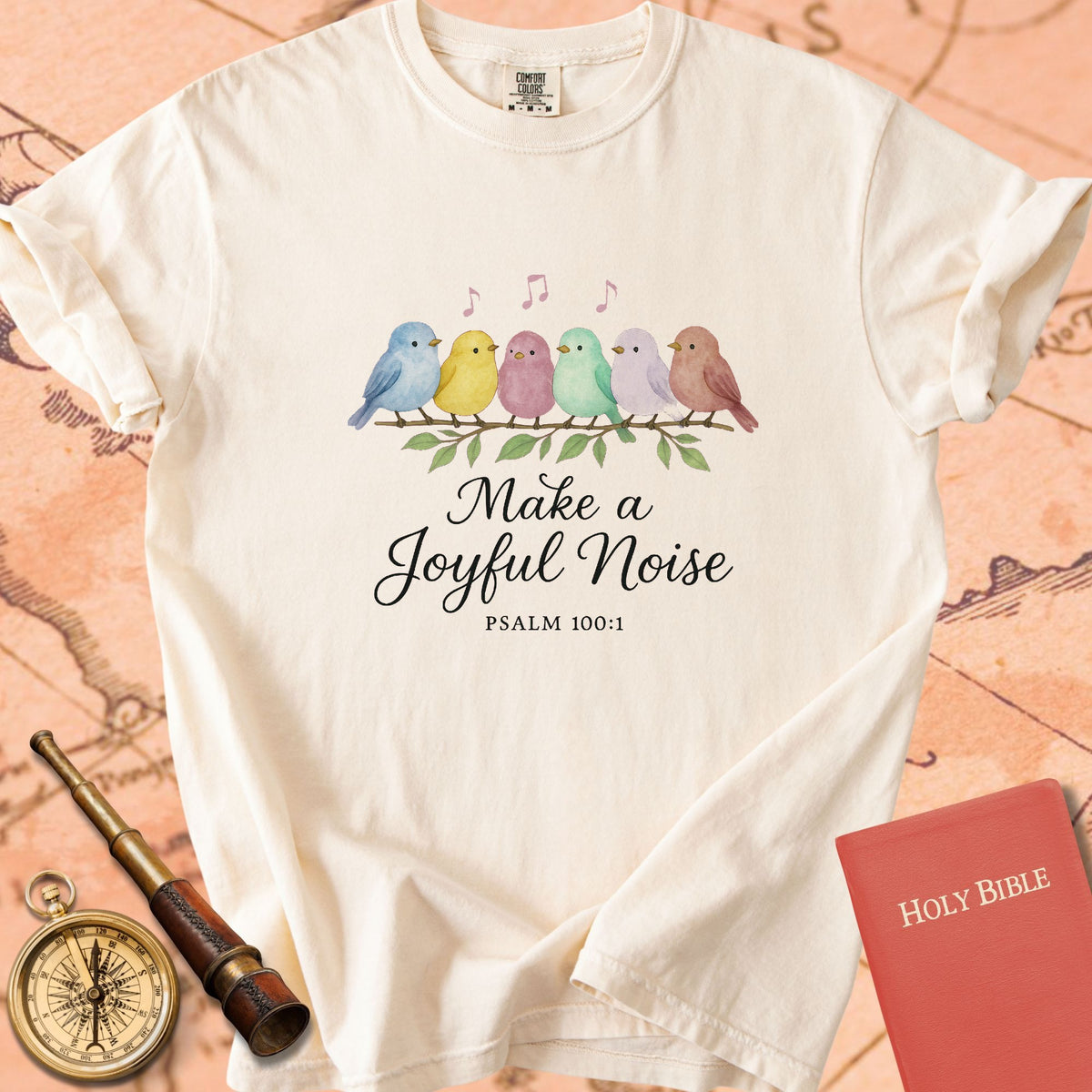 Make a Joyful Noise — Watercolor Birds Premium T-shirt — Ivory Comfort Colors