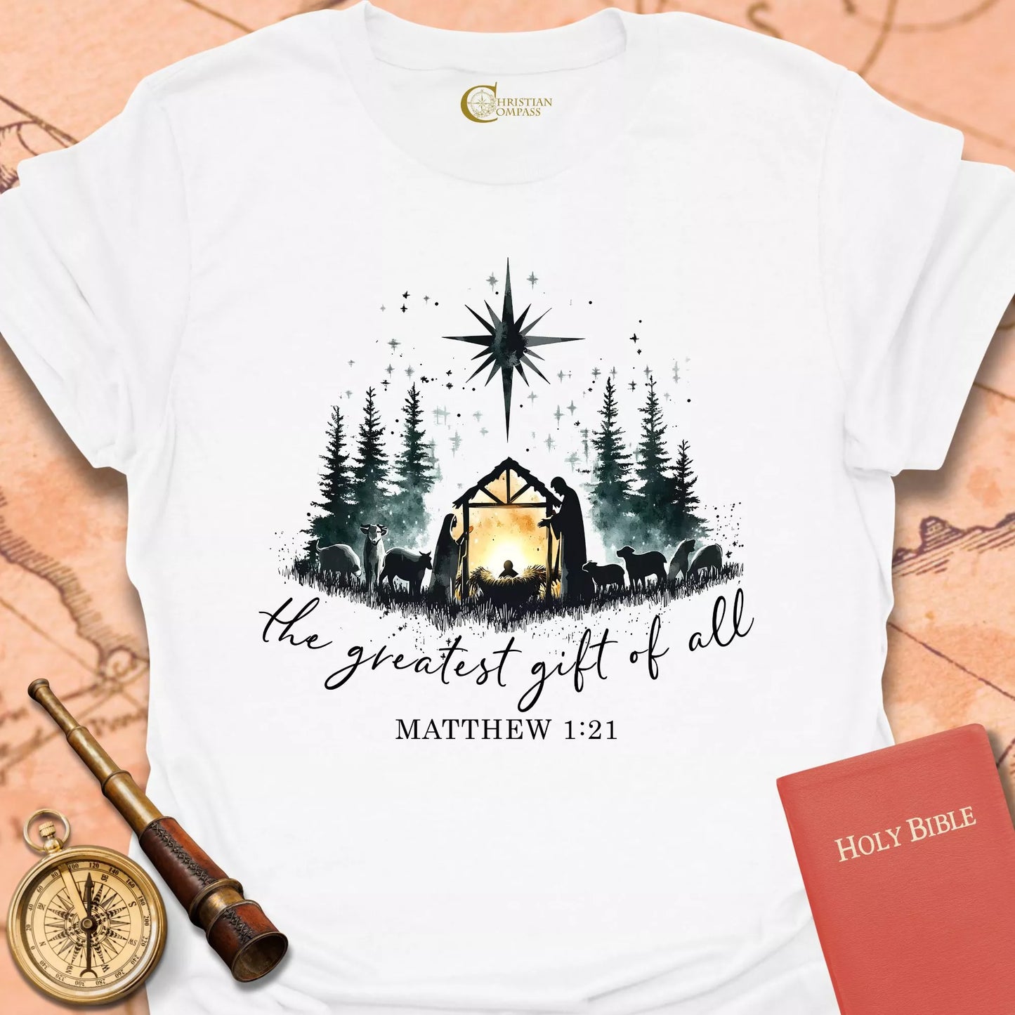 The Greatest Gift of All – Matthew 1:21 Nativity T-shirt