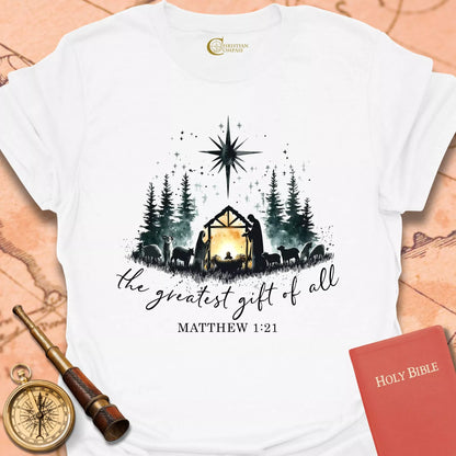 The Greatest Gift of All – Matthew 1:21 Nativity T-shirt